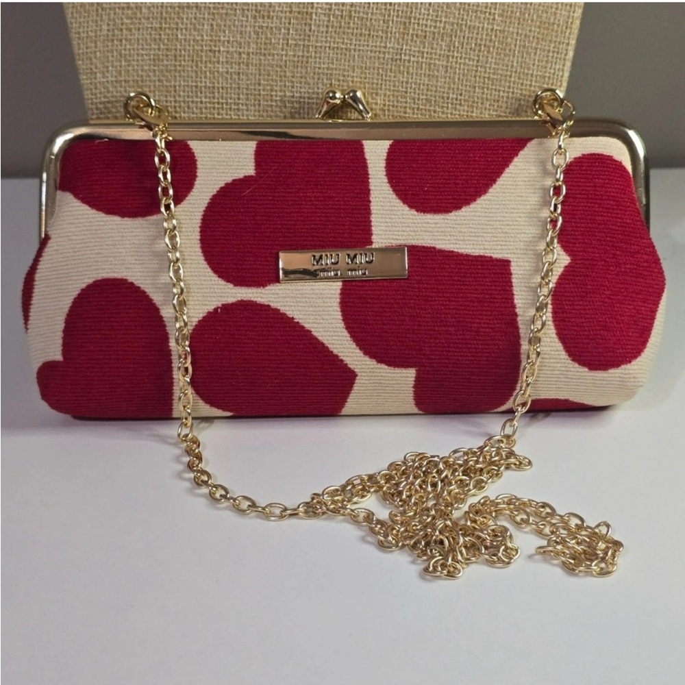 Miu Miu- Red and Cream Heart Print Clutch with Gold Chain